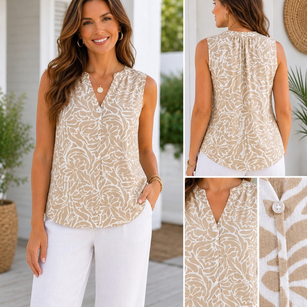 Liz Claiborne Linen Blend Sleeveless Top XXL Coastal Neutral Floral Button Front